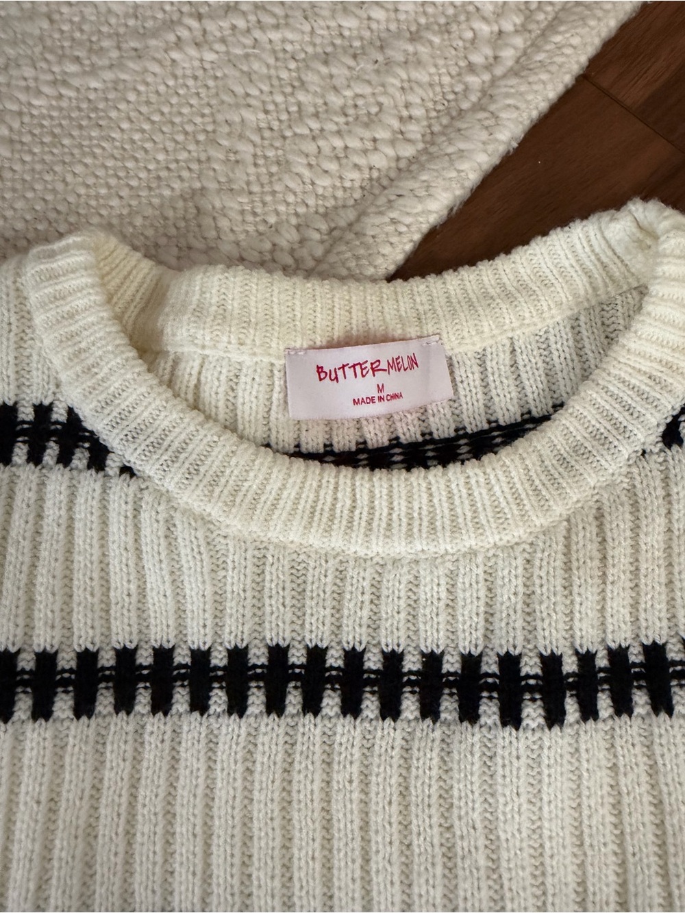 Cream Ribbed Knit Sweater with Black Stripe